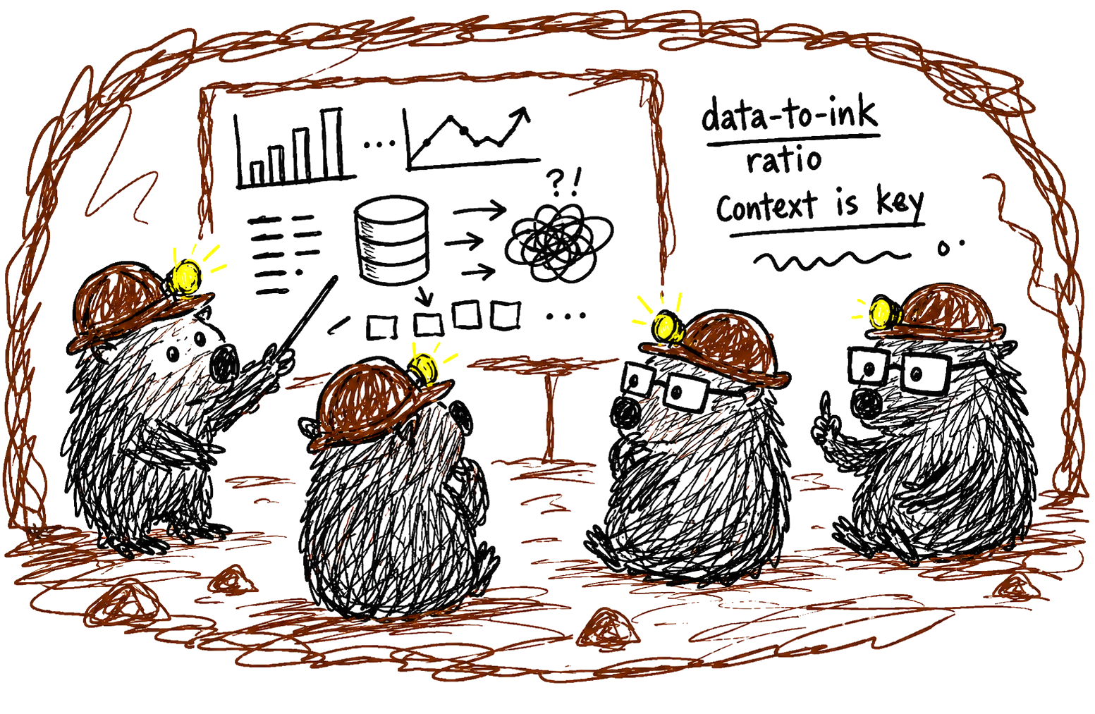 A wisdom of wombats huddled in their burrow chamber around a chalkboard of diagrams — an engineering huddle, the wombat school of thought.